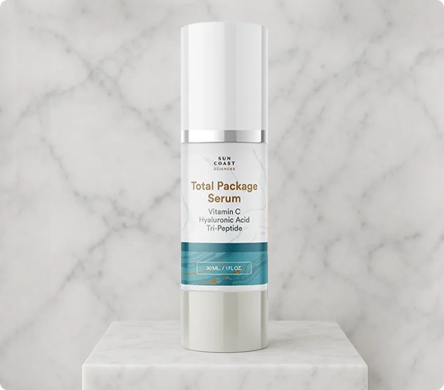 Total Package Serum by Sun Coast Sciences, a 30ml white airless pump bottle